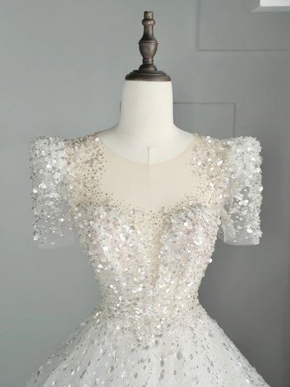 Robe de bal intemporelle bustier cœur en tulle blanc à sequins, robe de mariée longue de conte de fées automnal N540