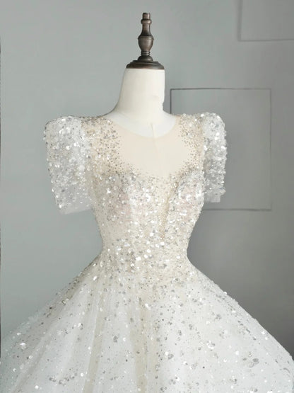 Robe de bal intemporelle bustier cœur en tulle blanc à sequins, robe de mariée longue de conte de fées automnal N540