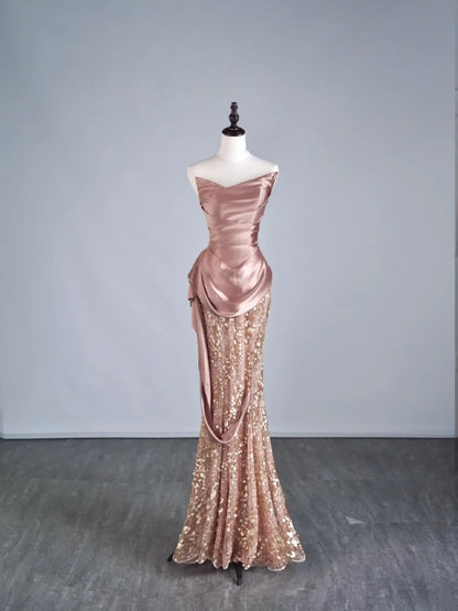 Elegantes, langes Meerjungfrauen-Abendkleid mit Pailletten, plissierten Rüschen und herzförmigem Ausschnitt, halbformelles Abendkleid N687