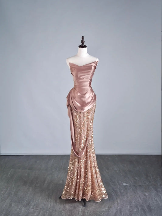 Modest Mermaid Sweetheart Pink Sequin With Pleated Ruffles Long Prom Dresses Night Semi Formal Dresses N687