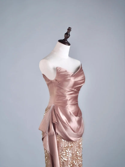 Elegantes, langes Meerjungfrauen-Abendkleid mit Pailletten, plissierten Rüschen und herzförmigem Ausschnitt, halbformelles Abendkleid N687