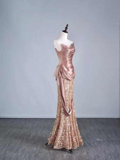 Elegantes, langes Meerjungfrauen-Abendkleid mit Pailletten, plissierten Rüschen und herzförmigem Ausschnitt, halbformelles Abendkleid N687