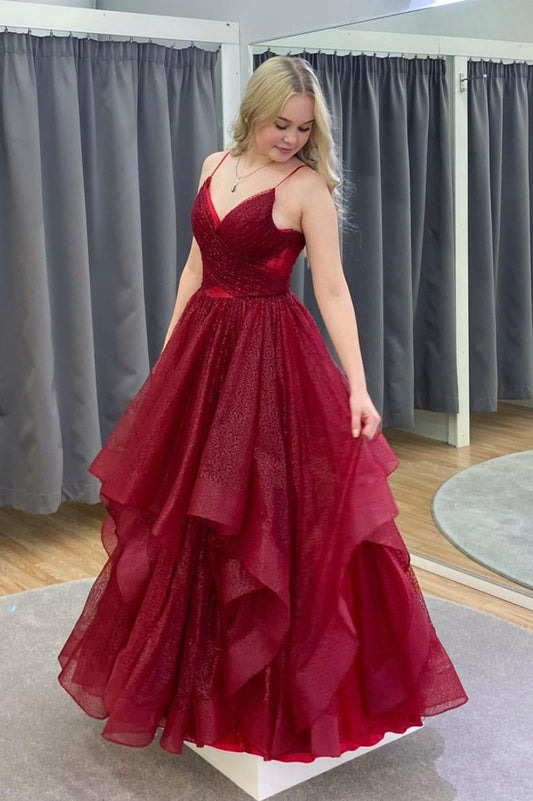 Chic Ball Gown Prom Dress Women Spaghetti Straps Wine Red Tulle Long Formal Dance Evening Party Gowns AB1796