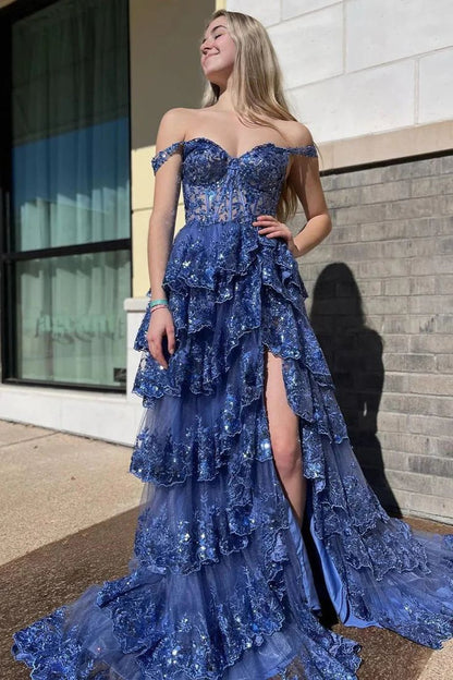 Pretty Off The Shoulder Pink Lace Slit Long Formal Prom Dresses Evening Dress Formal Party Gowns AB480