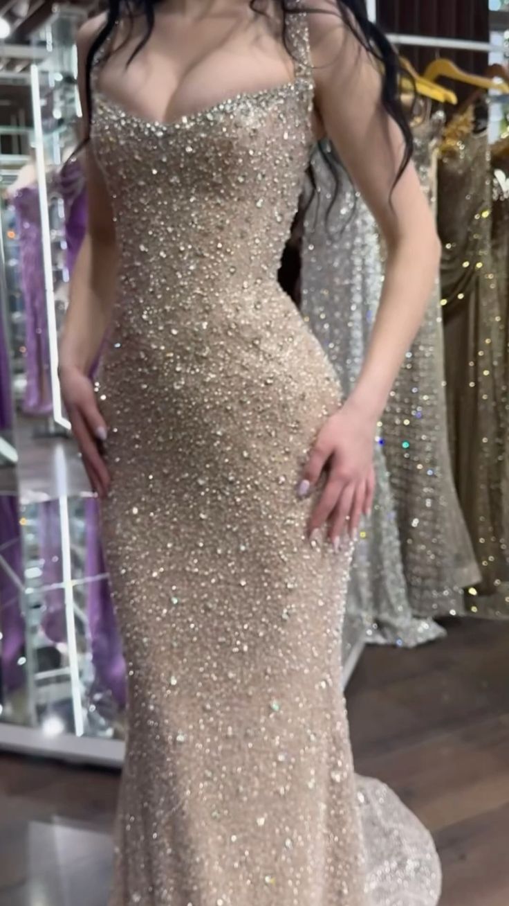 Glitzer Abschlussballkleider Meerjungfrau Neckholder Champagner Pailletten Langes Abendkleid Ballkleid RB3343