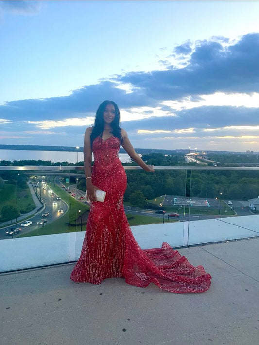 Glitzerndes Meerjungfrauen-Kleid mit Spaghettiträgern, roten Perlen, Paillettenbesatz, langes formelles Ballkleid, 22. Geburtstagskleid, AB1368