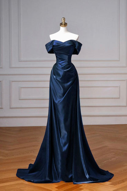 Elegant A Line Off the Shoulder Navy Blue Satin Prom Dresses Long Wedding Guest Dress Evening Dress AB689
