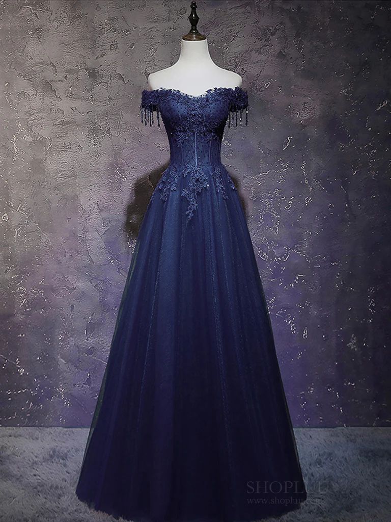 Funkelndes, schulterfreies, marineblaues Ballkleid in A-Linie, bodenlang, aus Spitze, Abendkleid AB745