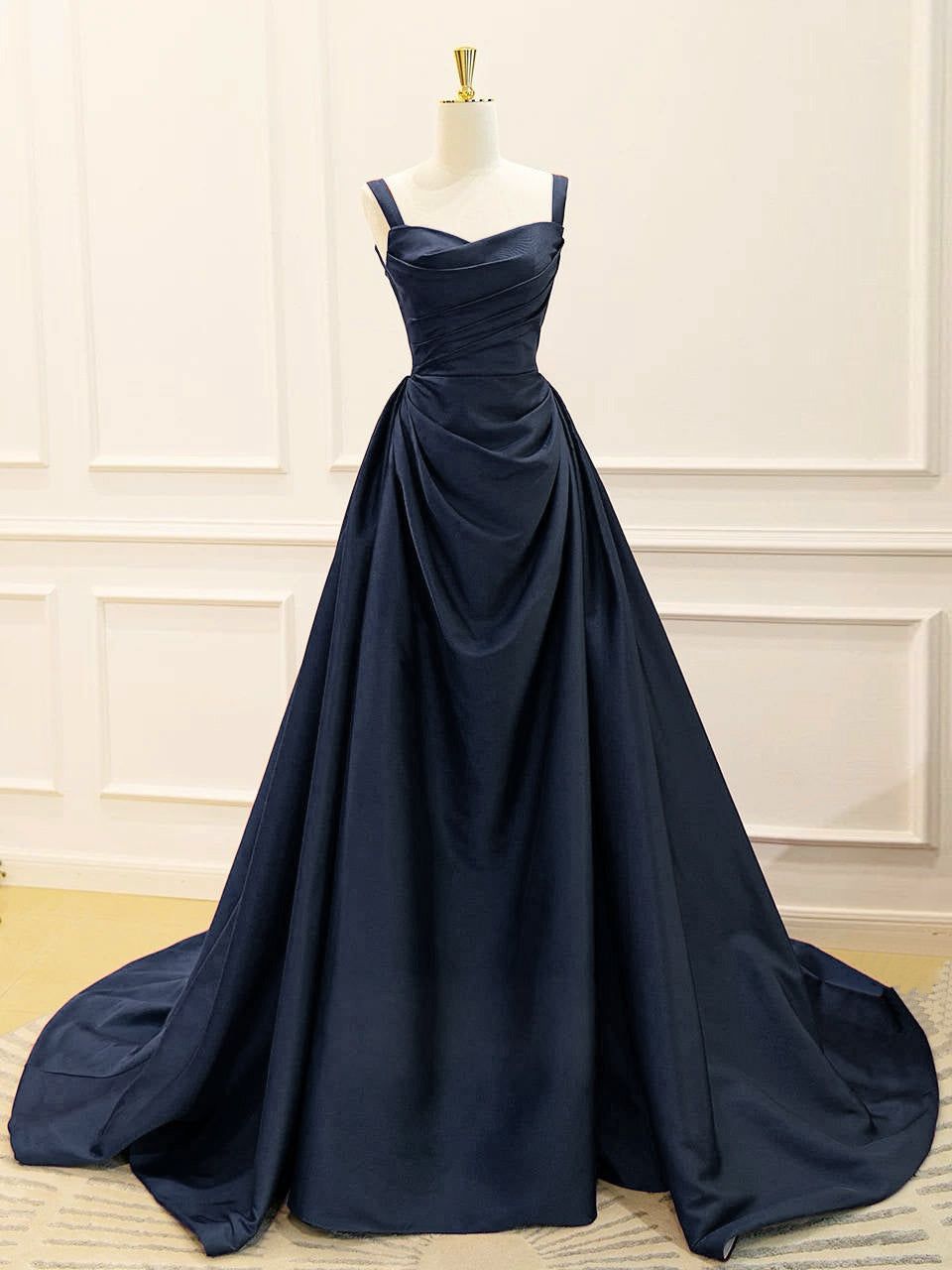 Modest Ball Gown Straps Satin Dark Blue Long Prom Dress Navy Blue Long Formal Dress AB692