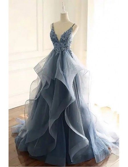 Magnifique robe de bal bleue à col en V, dentelle à sequins et volants, bretelles N1783