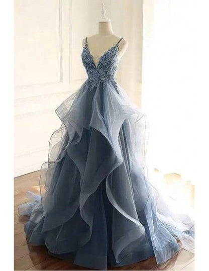 Magnifique robe de bal bleue à col en V, dentelle à sequins et volants, bretelles N1783