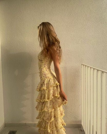 Robe de bal sirène sexy sans bretelles, motif floral, jaune, longue, tenue de soirée, pour 21e anniversaire, robe de remise de diplôme, RB969