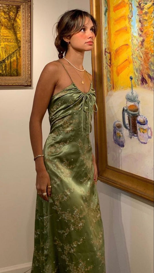 Simple A line Halter Floral Green Satin Long Formal Gowns Prom Dresses Satin Evening Dress AB746