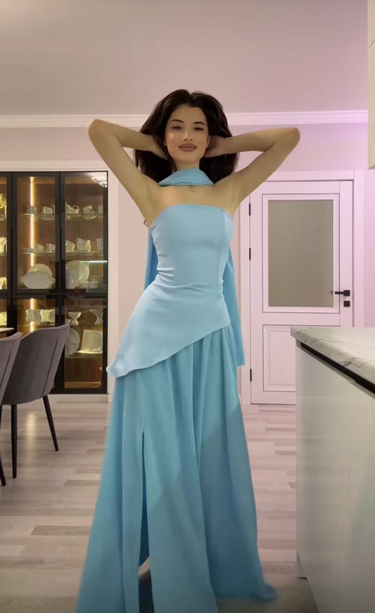 Charming A Line Strapless Blue Chiffon Summer 19th Birthday Elegant Outfit Wedding Guest Dresses N4151