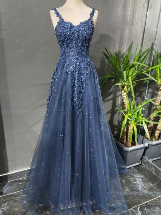 Elegantes, langes, marineblaues Tüllkleid in A-Linie mit Spaghettiträgern – perfekt für Abschlussball und Abendveranstaltung (N048)