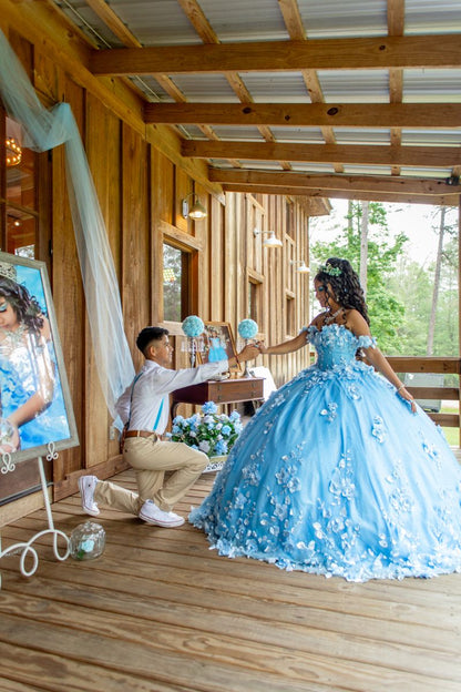 Charmante robe de bal à épaules dénudées et fleurs bleues en satin, longue robe de Quinceanera, Sweet 15/16, RA096