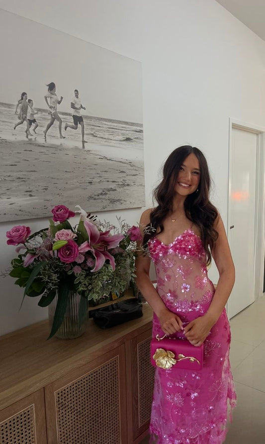 Sparkly Mermaid Spaghetti Strap Hot Pink Sequin Long Sleeveless Formal For Women Girls Teens Prom Dresses N2306