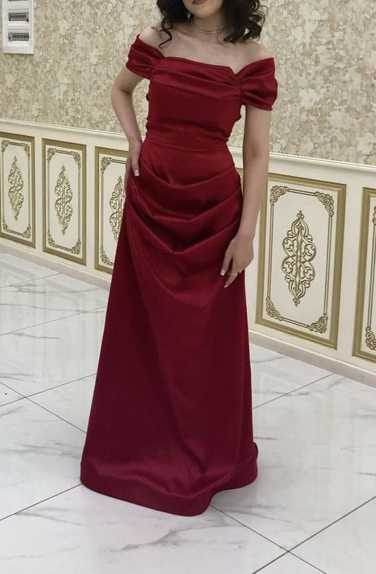 Beautiful Sheath Off The Shoulder Burgundy Satin Maxi Long Party Prom Dresses Evening Dress AB275