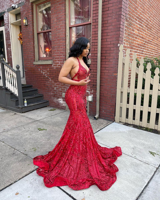 Glitzerndes Meerjungfrauen-Halterkleid, rot, mit Pailletten, langes, formelles Ballkleid, 22. Geburtstagskleid, AB1369