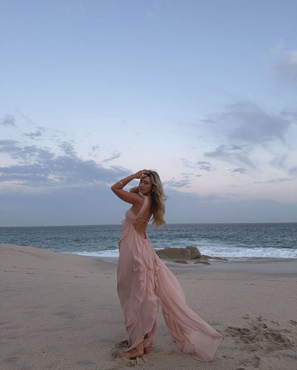 Niedliches, rückenfreies, langes Sommerkleid mit A-Linien-Ausschnitt, Schal, geeignet für Strand, Ball und Hochzeiten im Frühling (N1404)