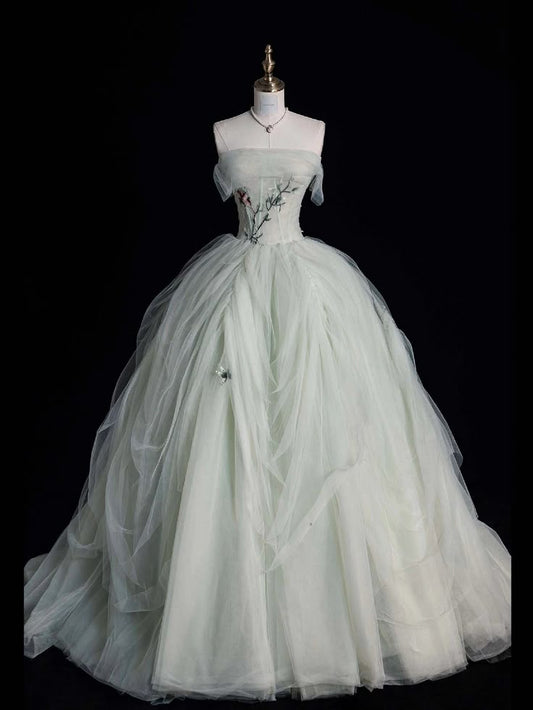 Modest Ball Gown Strapless Tulle With Appliques Long Prom Dresses Party Dress For Women AB1491