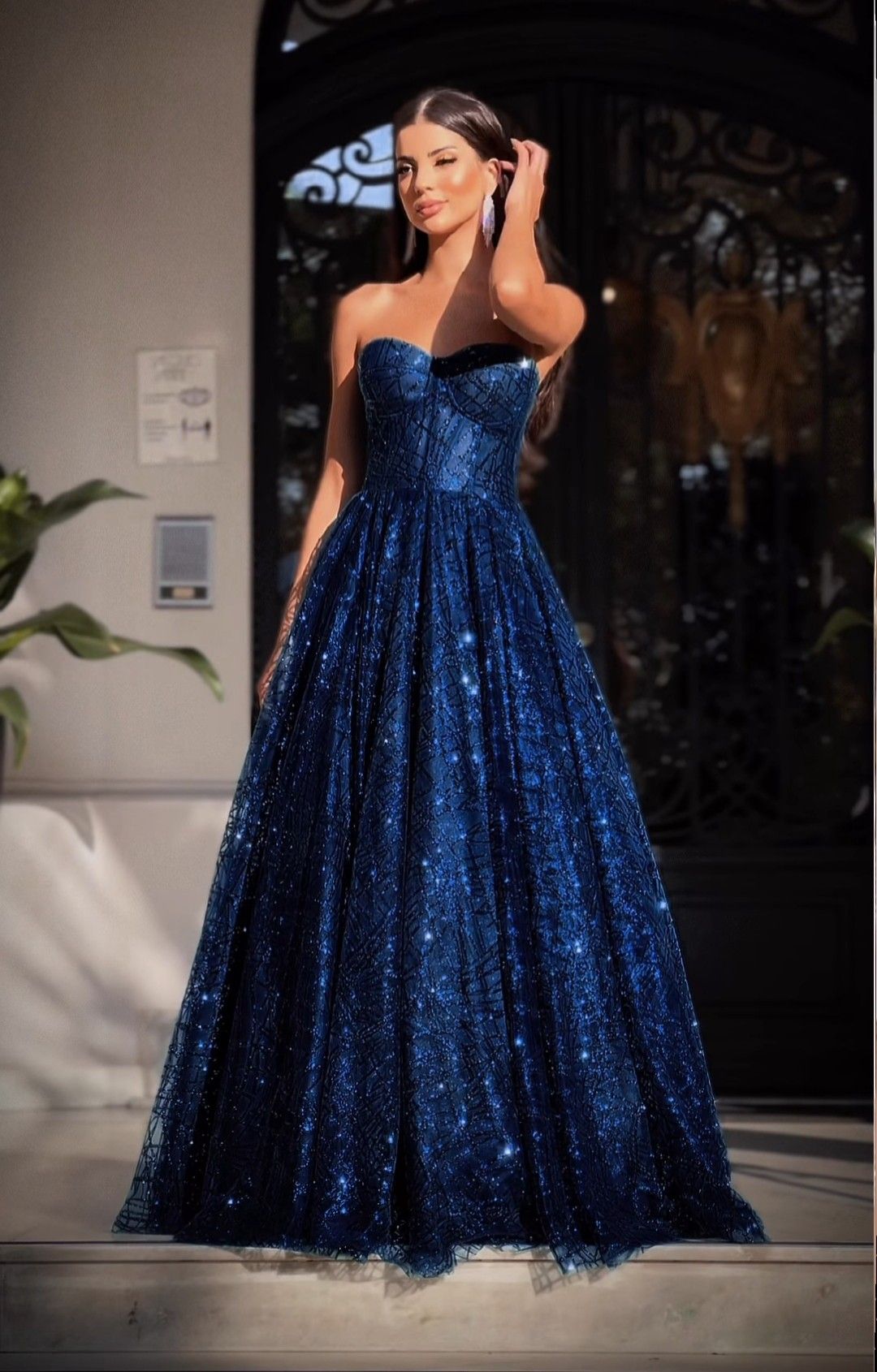 Robe de bal longue vintage à sequins bleu marine, coupe trapèze, AB1823