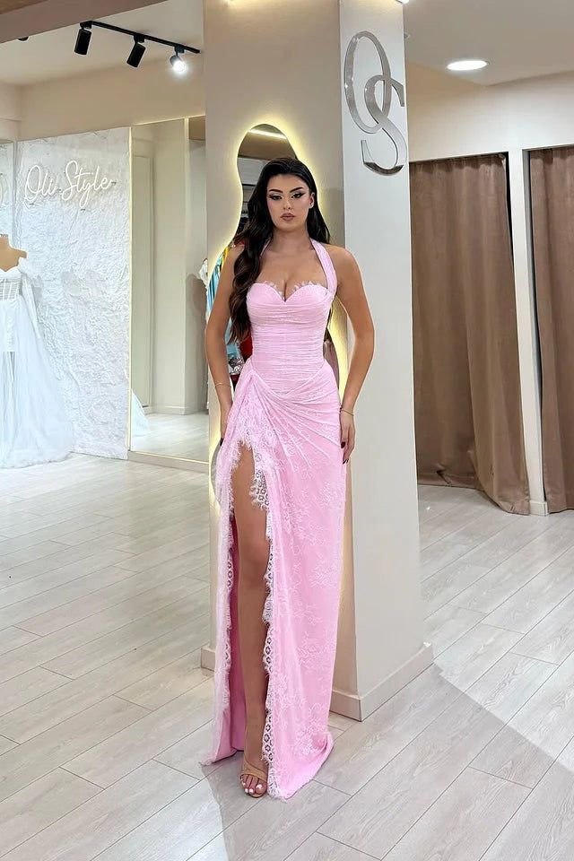 Beautiful Pink Sweetheart Halter Sleeveless Lace Prom Dress Mermaid With Side Split Graduation Dress B551