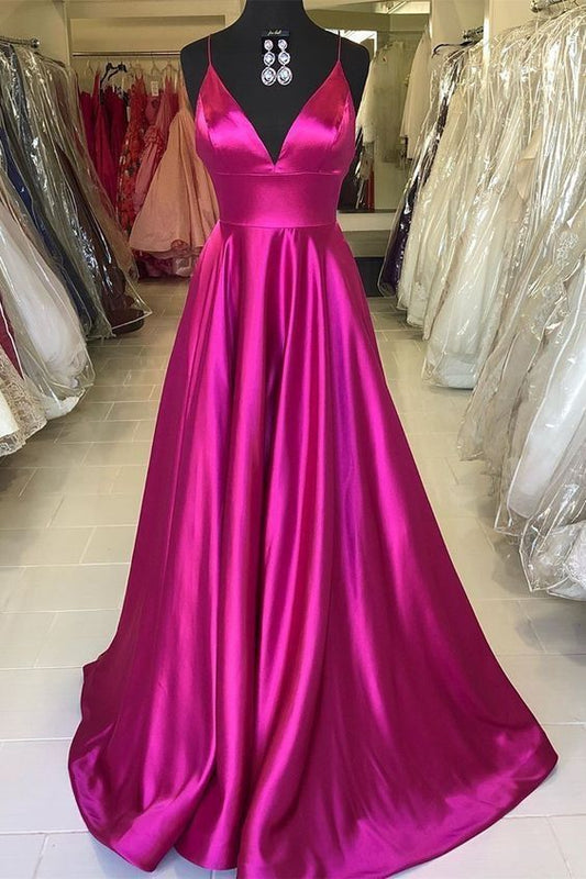 Simple A line Spaghetti Strap Hot Pink Satin Long Prom Dresses Formal Gown Inspo Evening Outfits AB825