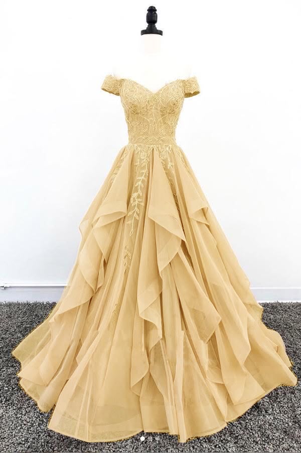 Einzigartiges schulterfreies Ballkleid aus goldenem Chiffon mit Spitze, langes Partykleid zum 22. Geburtstag, Abschlusskleid AB286