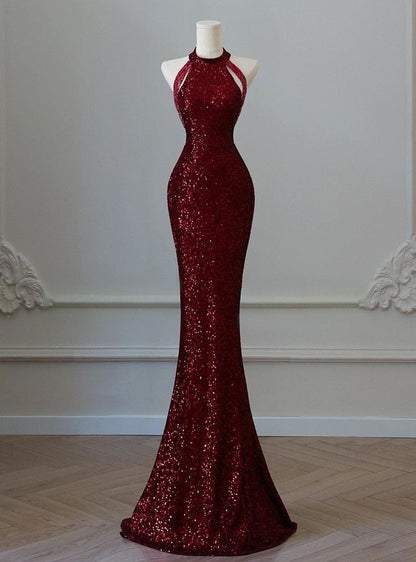 Funkelndes Pailletten-Meerjungfrauenkleid mit hohem Kragen, burgunderrot mit Pailletten und Perlen, Inspiration für Abendkleider für Damen, formelles Party- und Ballkleid AB1191
