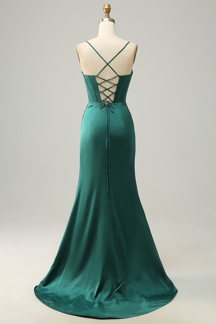 Simple Spaghetti Straps Slit Mermaid Satin Long Prom Dress With Side Slit N1862