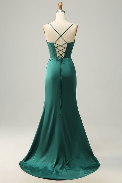 Simple Spaghetti Straps Slit Mermaid Satin Long Prom Dress With Side Slit N1862