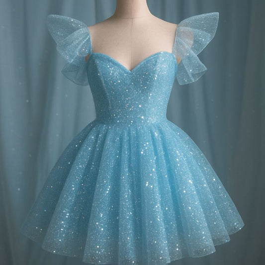 Pretty Ball Gown Sweetheart Blue Sequin Short Mini Homecoming Dresses Graduation Dress N2432