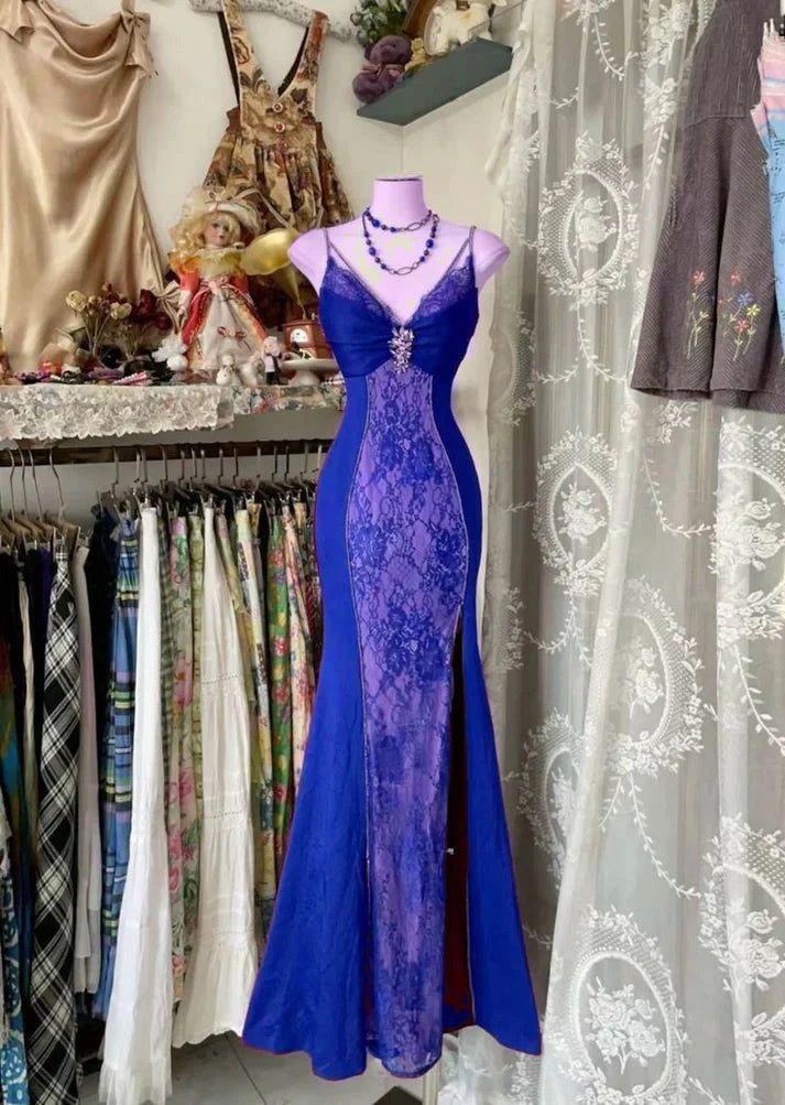 Vintage langes, burgunderrotes Spitzen-Abendkleid mit V-Ausschnitt, Meerjungfrauen-Stil, Partykleid, Tanzoutfit N535