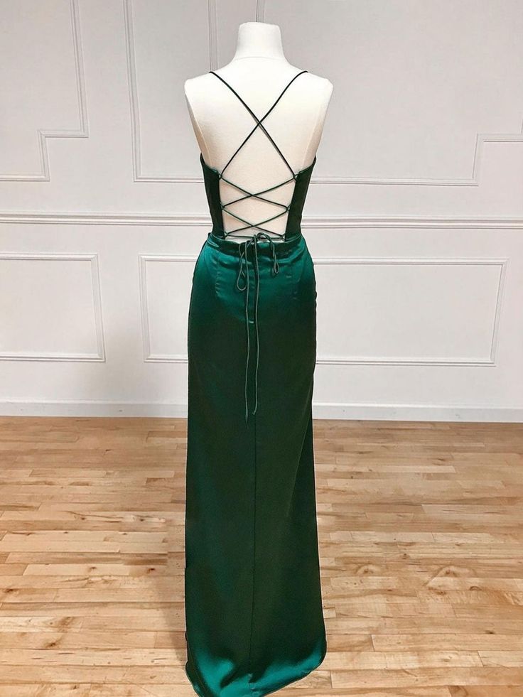Simple Spaghetti Straps Slit Mermaid Satin Long Prom Dress With Side Slit N1862
