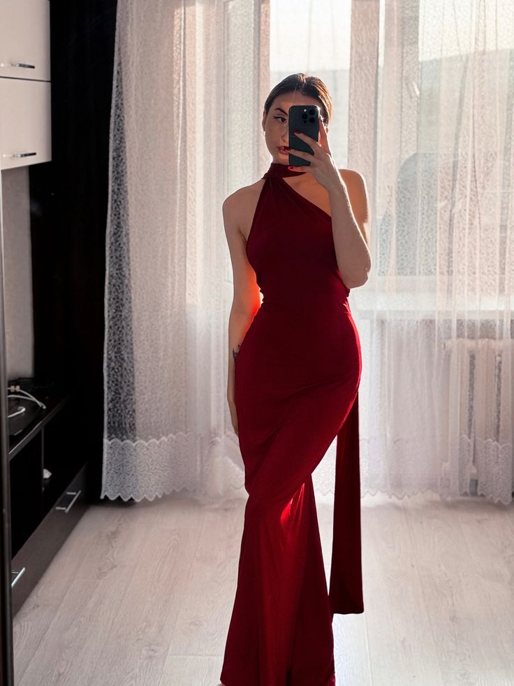 Unique Mermaid Halter One Shoulder Burgundy Long Prom Dresses Formal Gown Inspo Evening Outfits AB1378