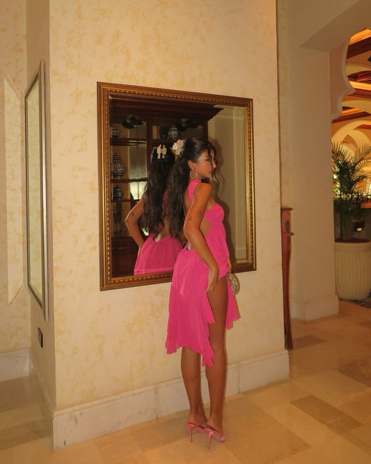 Modest A Line Hot Pink Sleeveless Chiffon Knee Length Prom Dresses Party Dress 22th Birthday Outfits Graduation Dress RB013