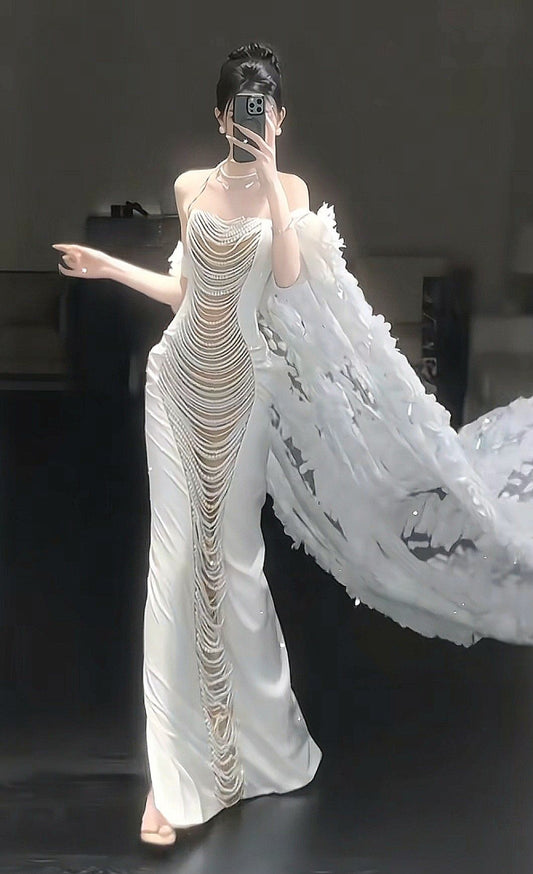 Charming Mermaid Strapless White Champagne Satin Pearls Inspiration Long Prom Dresses Evening Party Dress Prom Gowns AB290