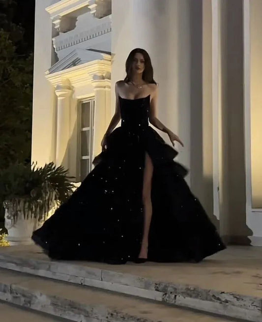 Magnifique robe de bal noire fendue, sans bretelles, à lacets et coupe trapèze, longueur au sol - Vestidos Evening Gowns AB487