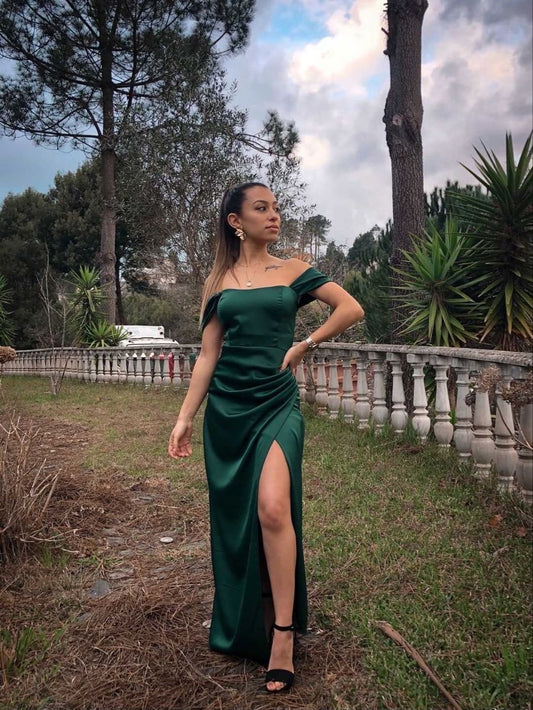 Beautiful Sheath Off The Shoulder Dark Green Satin Maxi Long Party Prom Dresses Evening Dress AB280