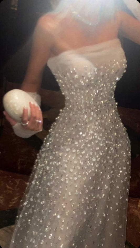Modest A Line Strapless White Tulle Silver Beads Long Prom Dresses Party Dress 22th Birthday Outfits Graduation Dress RB011