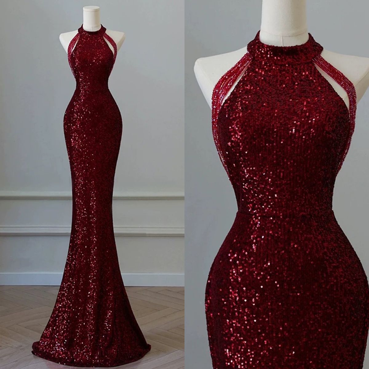Funkelndes Pailletten-Meerjungfrauenkleid mit hohem Kragen, burgunderrot mit Pailletten und Perlen, Inspiration für Abendkleider für Damen, formelles Party- und Ballkleid AB1191