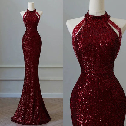 Funkelndes Pailletten-Meerjungfrauenkleid mit hohem Kragen, burgunderrot mit Pailletten und Perlen, Inspiration für Abendkleider für Damen, formelles Party- und Ballkleid AB1191