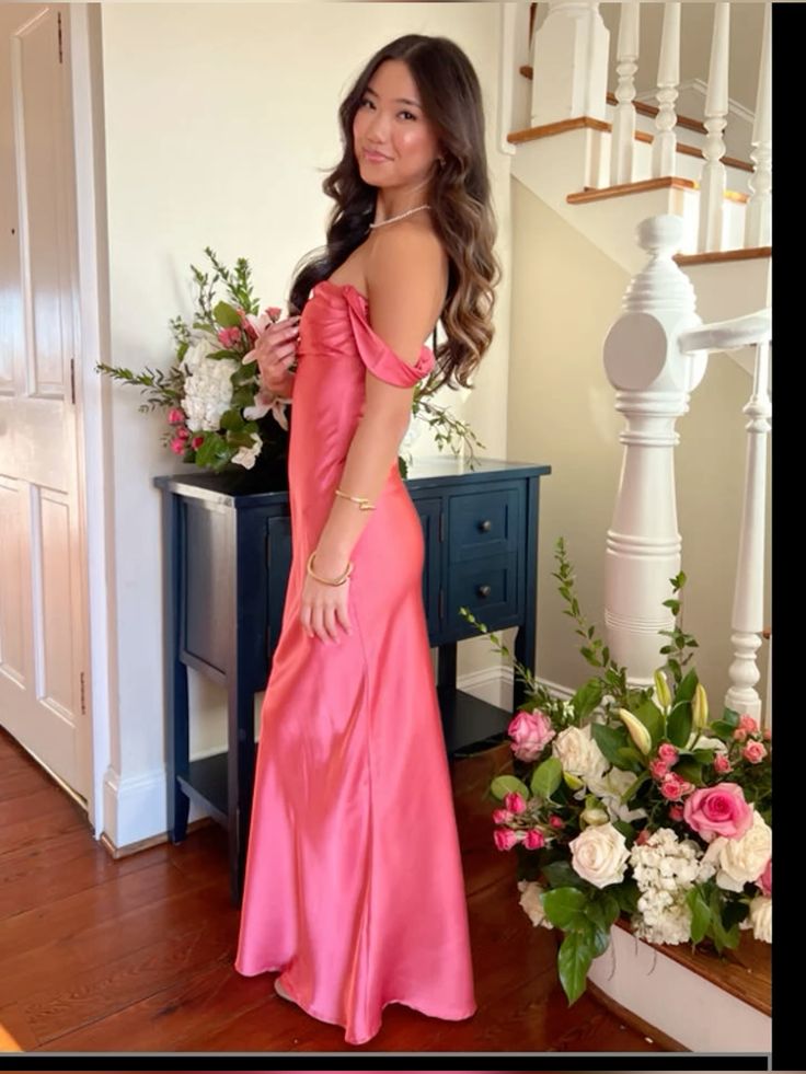 Einfaches Meerjungfrau-Off-Shoulder Rosa Satin Ärmelloses Abendkleid Für Damen Mädchen Teenager Abschlussballkleider N2288