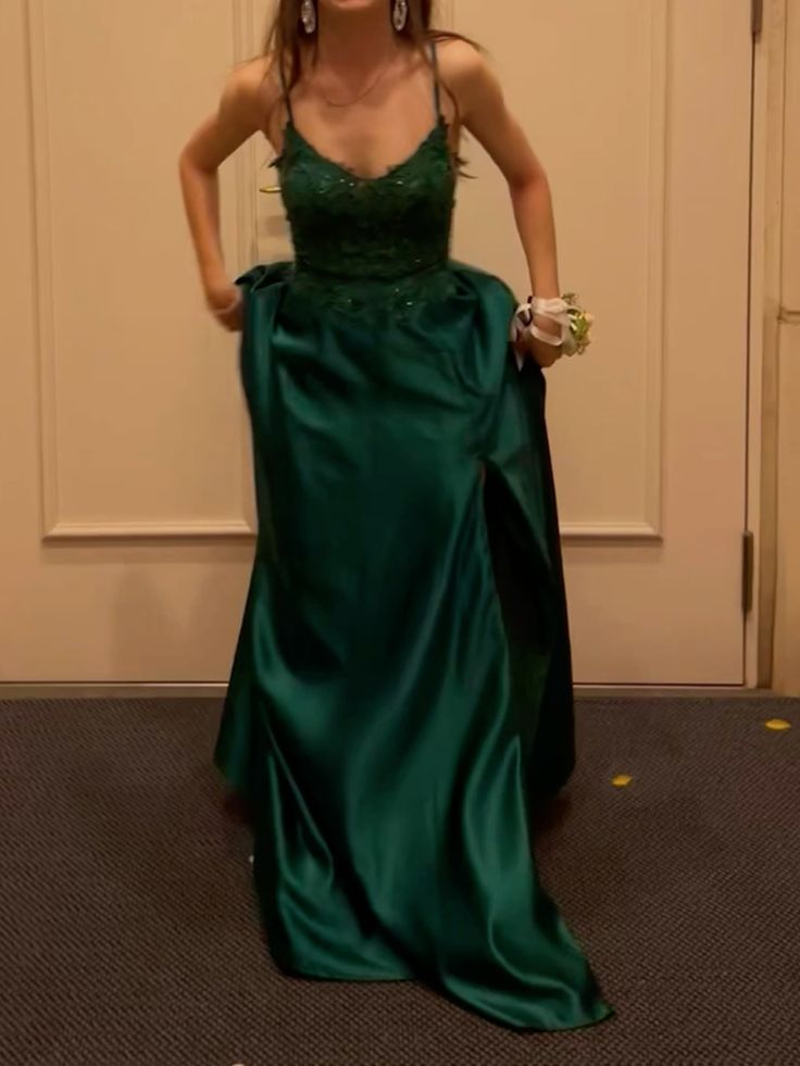 Modest A line Spaghetti Strap Dark Green Satin Prom Dresses Long for Women Formal Evening Gown AB162