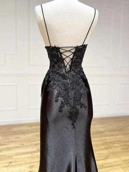 Robe de bal longue sirène bordeaux à fines bretelles et col en V en satin et dentelle AB138