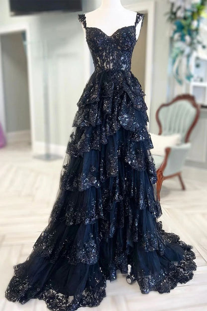 Sparkly Sleeveless Spaghetti Straps Sequins Ball Gown Navy Blue Prom Dresses AB457