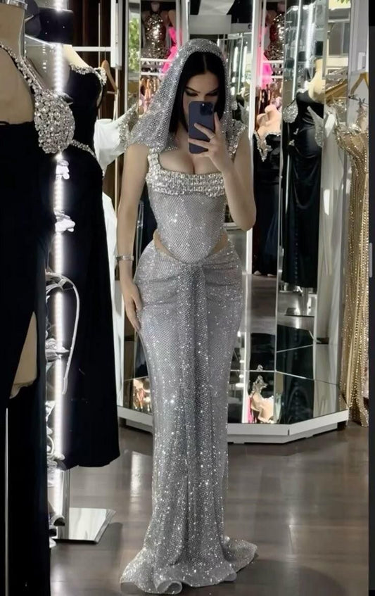 Modest Mermaid Square Neck Silver Sequin Prom Dresses With Beads Gem Evening Party Formal Gown 20th Birthday Outfits AB823