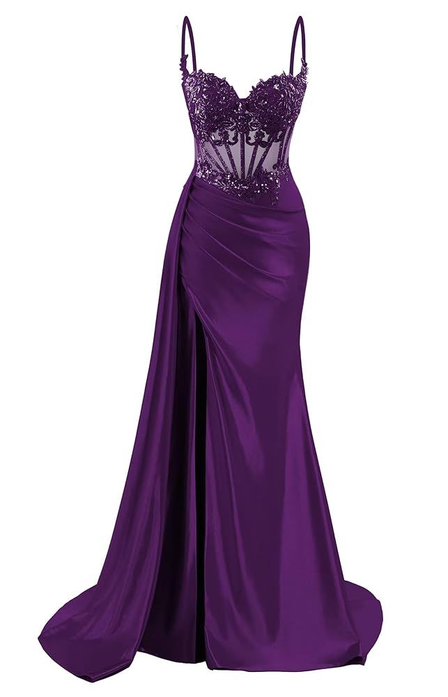 Unique Mermaid Spaghetti Strap Grape Satin Prom Dresses With Lace Long Party Dress 22th Birthday Outfits Graduation Dress AB292