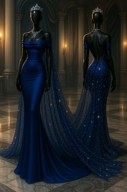 Modest Mermaid Off The Shoulder Marine Ball Dresses Long Formal Gown Royal Blue Prom Dresses Evening Gowns AB824
